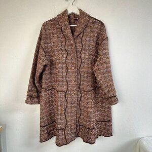 Vintage OHM Womens Brown Tweed Coat Jacket Size 1 Button Front Tie-Back Pockets